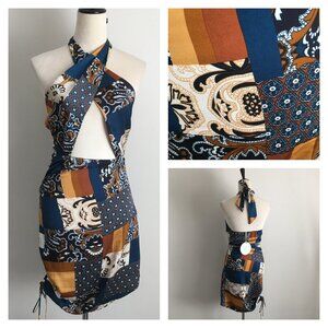 NWT POLLY PRINCESS Multicolor Patchwork Criss Cross Halter Neck JENNA Mini Dress